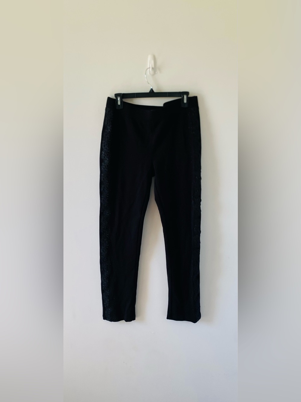 Black Womens Stretch Ponte Pants Leggings  Lace Beaded Size M Maximalism Stretch